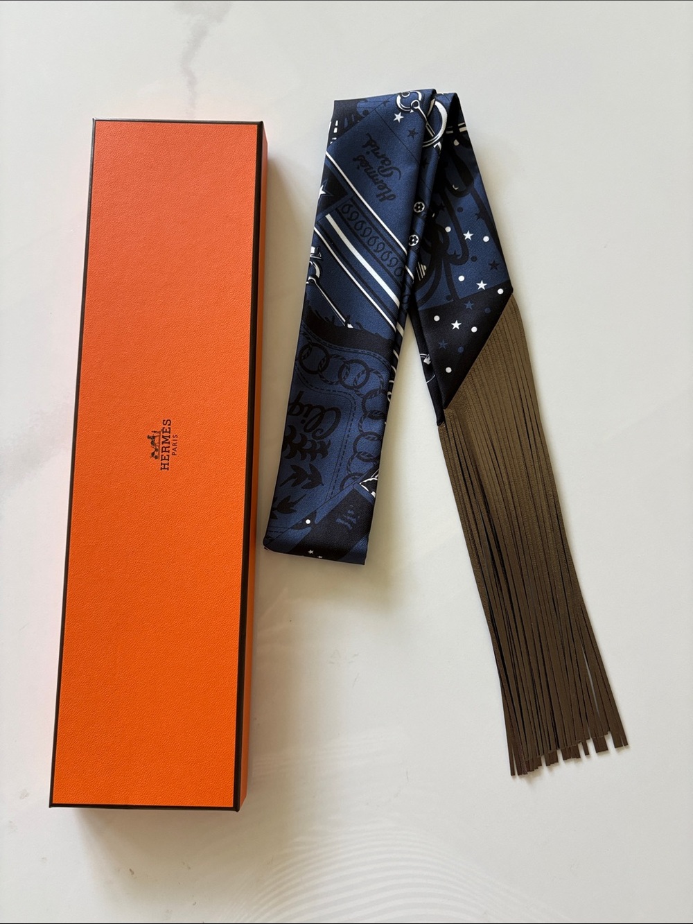 Hermes Navy Printed Silk Twilly with Brown Fringe